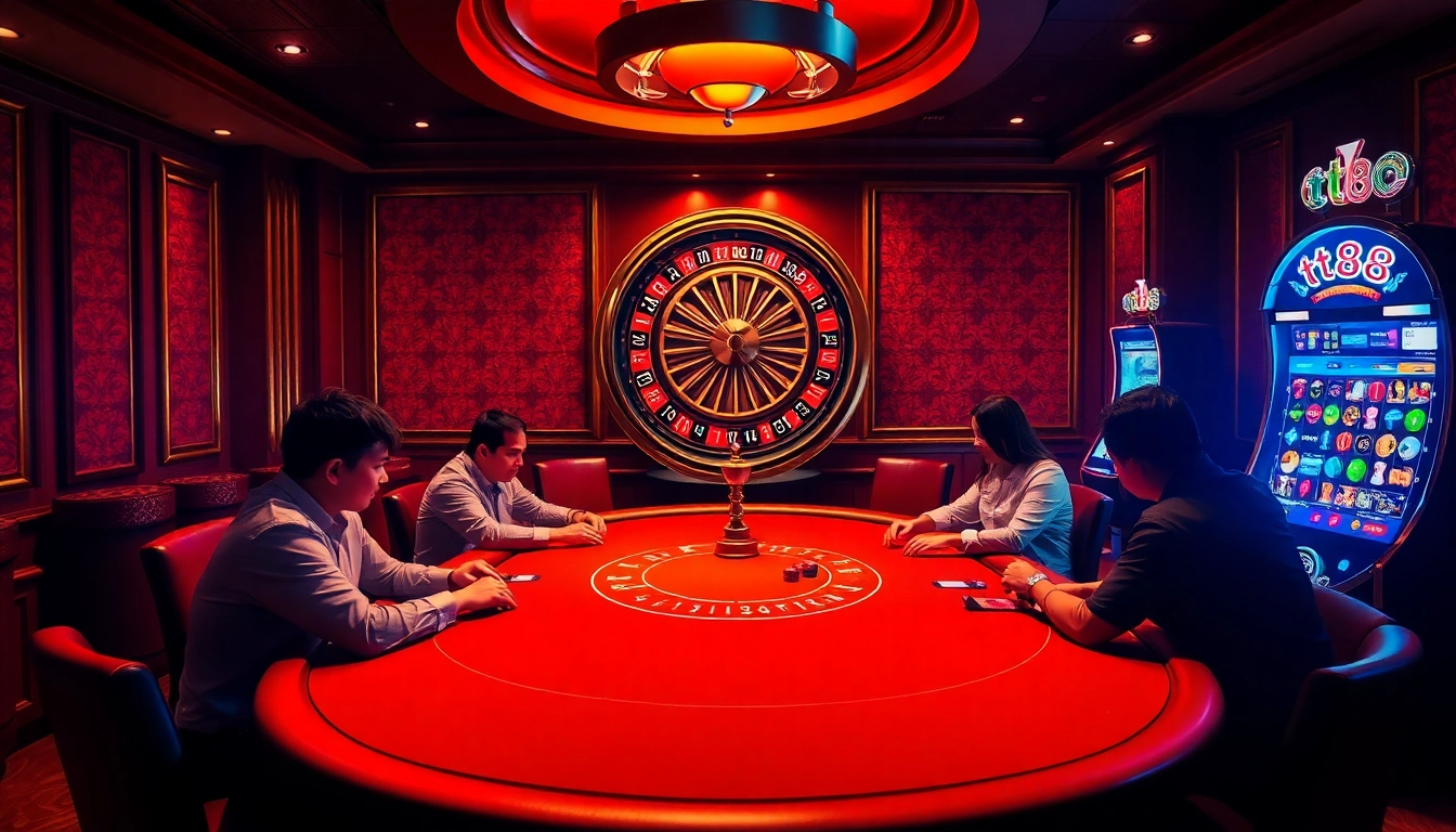 Engage with the excitement of tt88 at a luxurious casino table featuring poker and roulette.